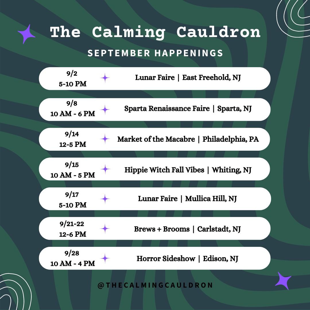September’s schedule as it stands now I have more than a couple things in the air — so please keep an eye out for updates and changes to this — I just wanted to get it out there

I hope to see you around If not everything is on the website and custom and bulk orders are available