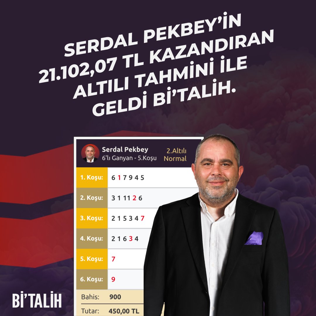 bitalih_tr's tweet photo. Serdal Pekbey 46 katı kazandırdı!🎊

💰@SerdalPekbey'in sadece 450 ₺'ye oynadığı hazır kuponu 21.102,07₺ kazandırdı!

🏇İzmir Şirinyer Hipodromu'nda Serdal Pekbey'in tutturduğu ALTILI ile #GeldiBiTalih

📲https://t.co/pQikQYxZSZ https://t.co/DvbLqkgsV6