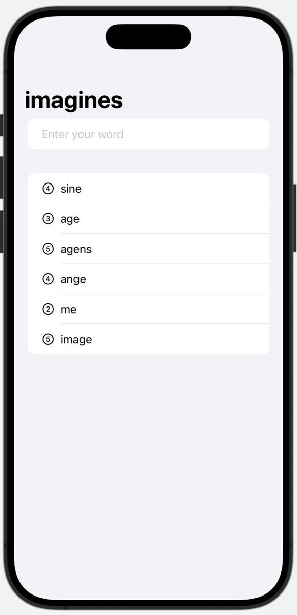 iosdevlearner's tweet image. Just finished Day 30 of the #100DaysOfSwiftUI 
Start of the wordScramble project. A game where you create words from a given 8-letter word.
New knowledge used in this project was a list and also how to use UITextChecker. We also saw how to add animation when adding item to list