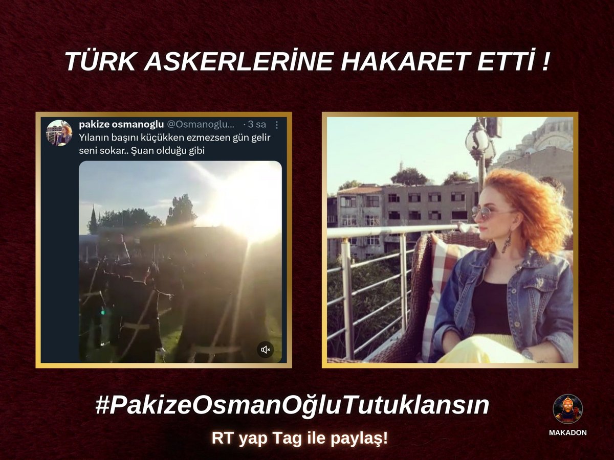 YAYALIM!

Şerefli Türk Askerlerine hakaret eden #PakizeOsmanOğluTutuklansın

Yoksa Türk Milleti gerekeni yapacaktır!