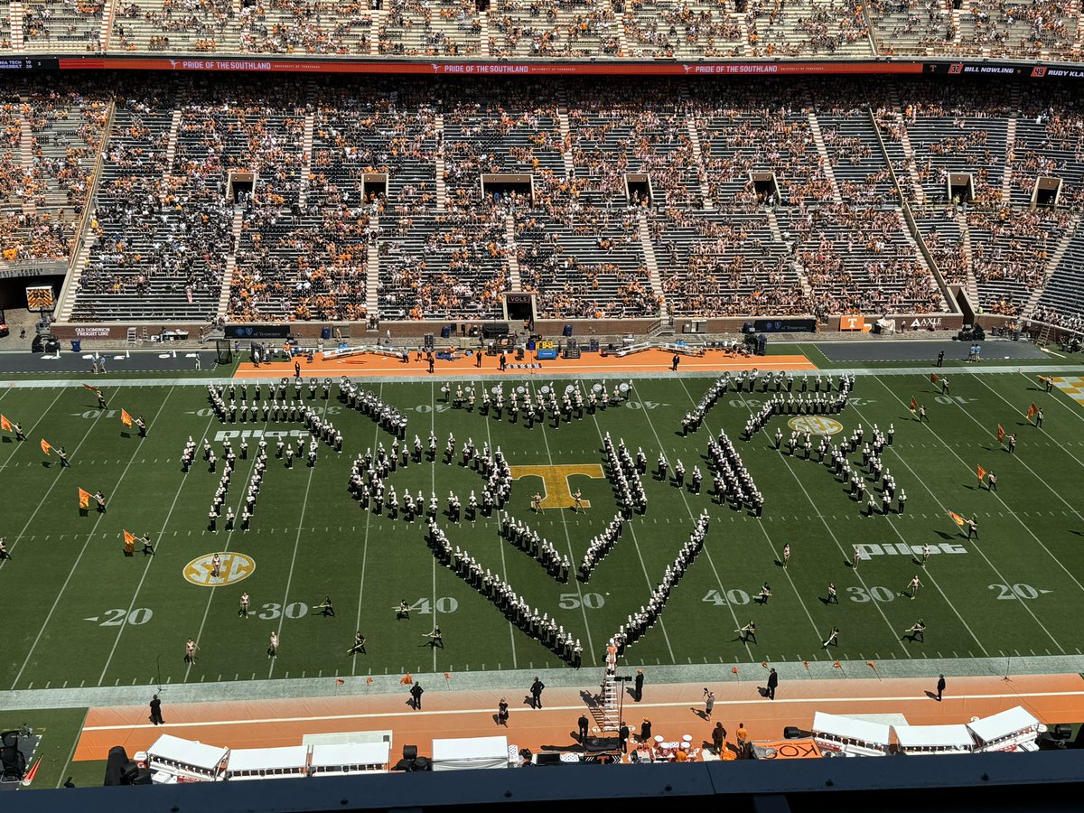 benmckee14's tweet image. Pride of The Southland honoring the Tennessee baseball team at the half, including @KirbyConnell16’s mustache and Tony Vitello.