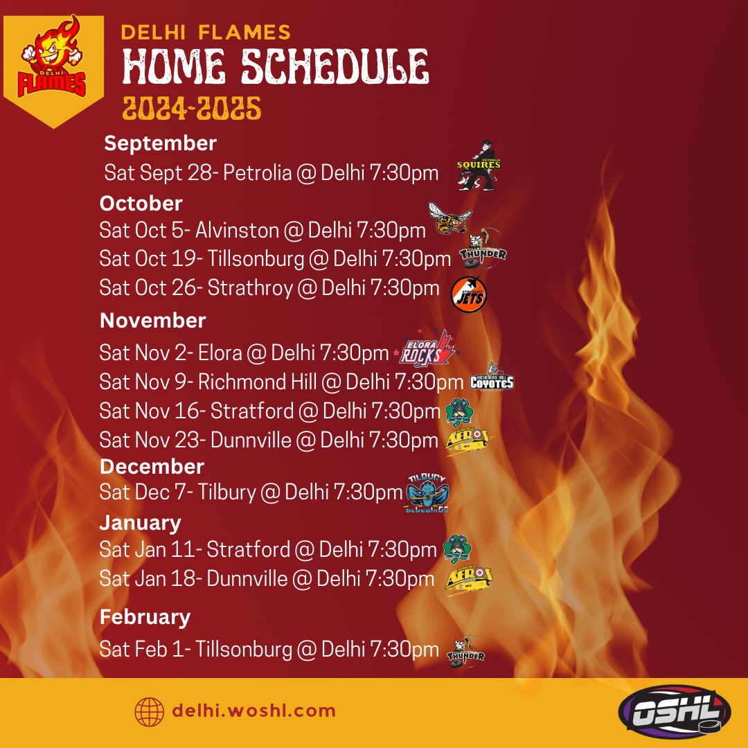 delhi_flames's tweet photo. HOME GAME SCHEDULE DROP 🔥
Season tickets 🎫 are on sale now- DM us or email delhiflames22@gmail.com for more information. 
See you soon Delhi! #we’reback #feeltheheat @oshl.official https://t.co/xwnDJwhjex