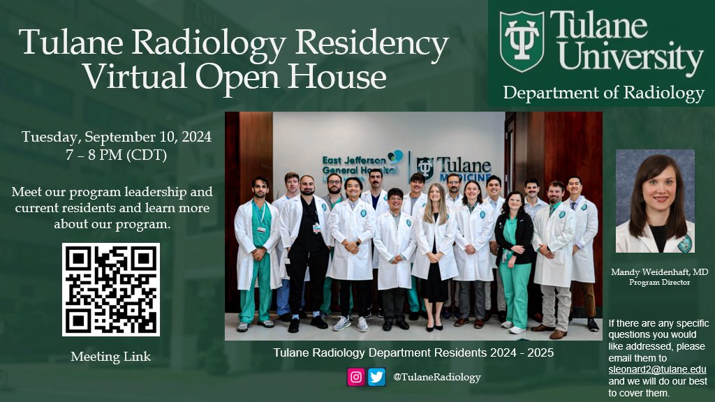 Want to learn more about Tulane Radiology? Tune into our virtual open house at 7 pm CST on 9/10 for a Q&amp;A with current residents and our program leadership! #radiology #residencyprogram