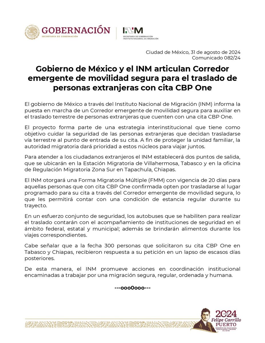 Dra_LorenaMena's tweet photo. ATENCIÓN ℹ El Instituto Nacional de Migración de #México acaba de anunciar corredores humanitarios para extranjeros con citas de #CBPOne desde Tabasco y Chiapas. Incluye permiso migratorio por 20 días, autobuses para traslado y resguardo para evitar secuestros de #migrantes 👇 https://t.co/Wi3sZDipIM