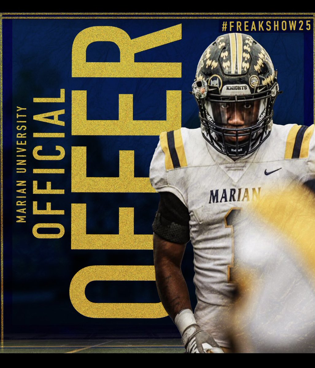 After a great win and conversation with <a href="/Coach_Jay53/">Justin Robinson</a> I am grateful for an offer to play at Marian University ! Extremely blessed for the opportunities I have been given . All glory to god. <a href="/BHSdogsfootball/">BHS Football</a> <a href="/IndianaPreps/">Indiana Preps</a>