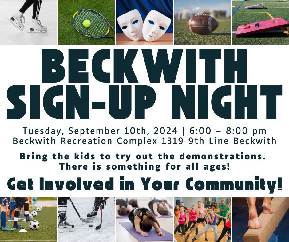 TwpBeckwith's tweet photo. Join us Sept 10th, 2024 6– 8pm at the Beckwith Recreation Complex, 1319 9th Line.
 
Up-to-date list of participating groups, visit our website. https://t.co/EAgVek5jEj
 
Want to set up a sign-up booth? Contact the Beckwith  Office at 613-257-1539 ext.210 events@twp.beckwith.on.ca https://t.co/PdEJTcYsjx