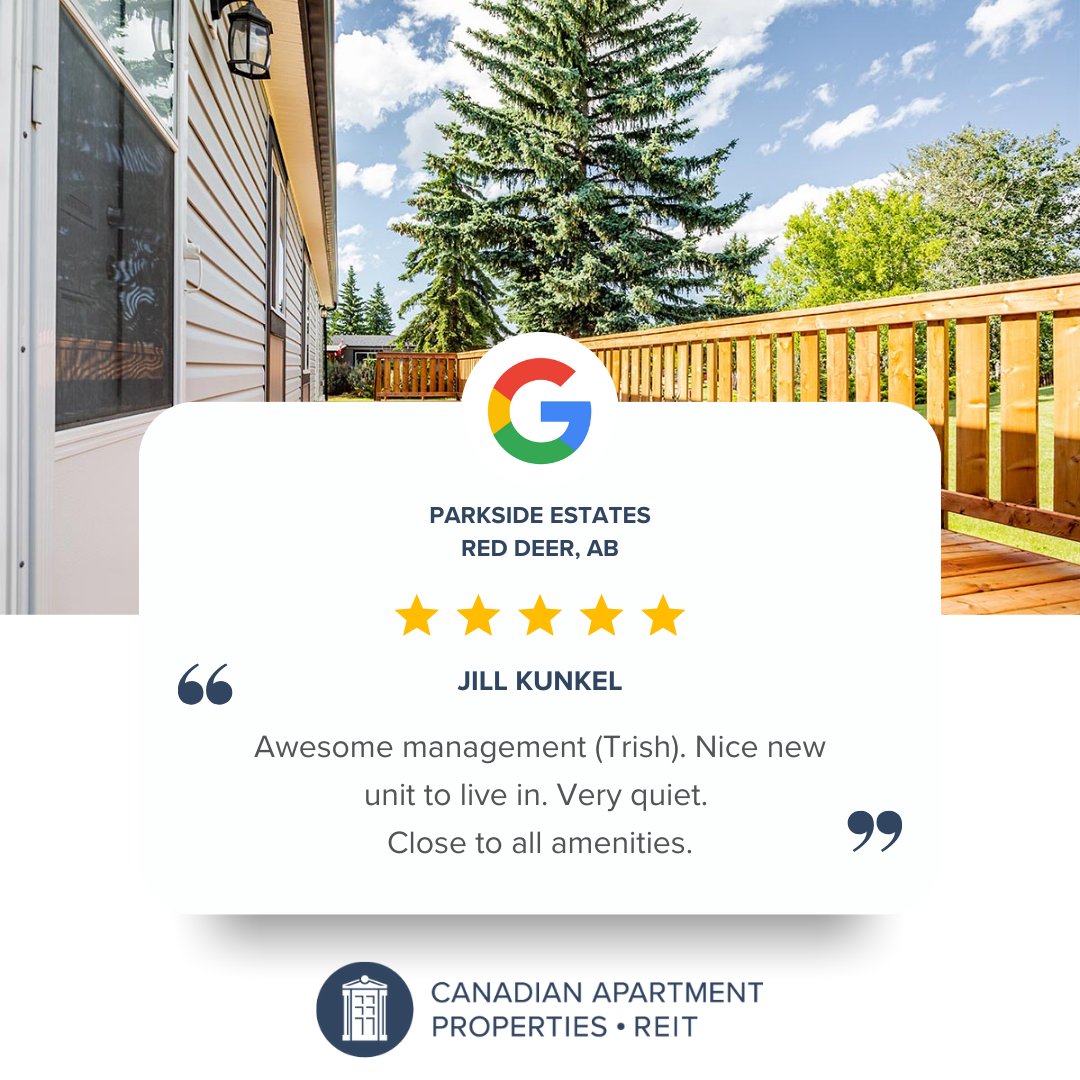 CAPLandLease's tweet photo. Thanks for the review Jill! And for helping to make our communities like Parkside Estates in Red Deer AB the #bestplacetolive. https://t.co/fWGYgTvE6c

#manufacturedhomecommunity #affordablehousing #CanadianREITs #REITsforaffordablehousing #googlereview #alberta https://t.co/DKtwX2jglB