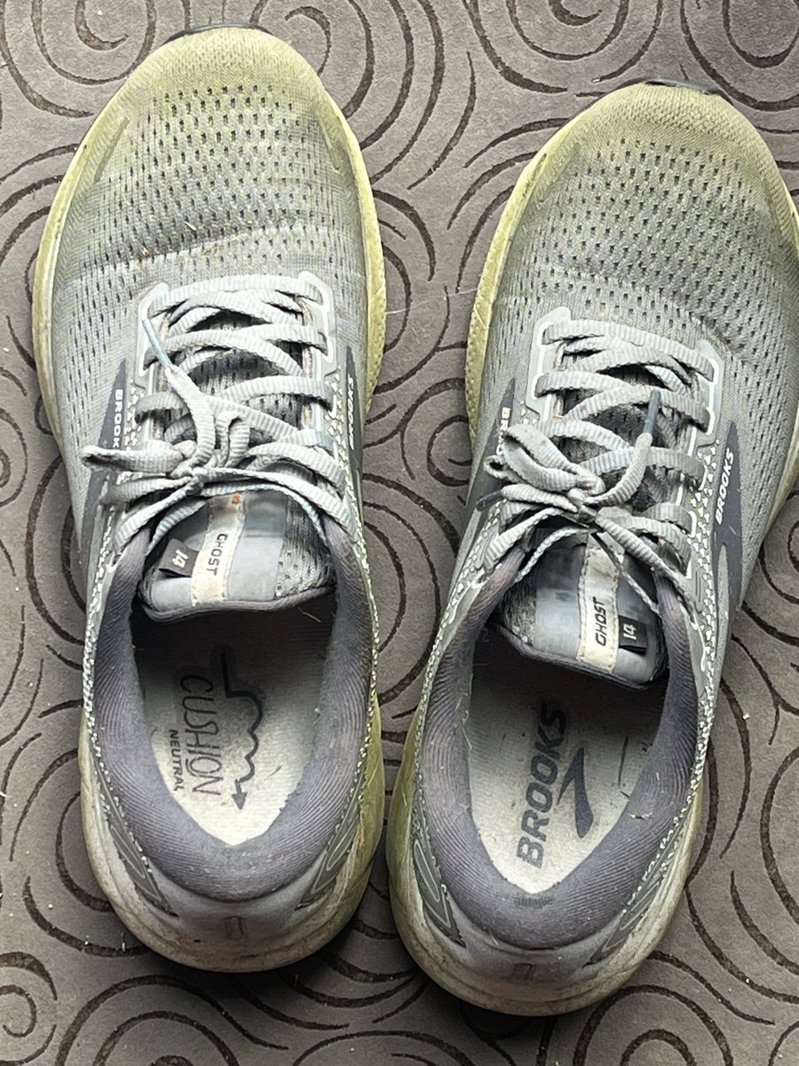 John_Ka4y's tweet photo. My starting ⁦@brooksrunning⁩ ghosts are on a plane over Kankakee right now. So…I summoned the old gray ghosts 👻 from pasture duty and they did double duty today 🏃‍♂️ and then cut! 
#DelayedLuggage #CancelledFlight #BackHome #runchat https://t.co/HhG3Fun3Xh