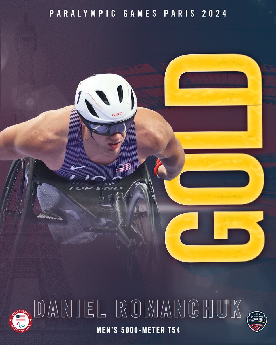 U.S. Paralympics Track & Field (@usparatf) on Twitter photo Went the distance 🥇
<a href="/RomanchukDaniel/">Daniel Romanchuk</a> WINS the men’s 5000m T54 competition for our second gold medal tonight!
#ParisParalympics Went the distance 🥇
<a href="/RomanchukDaniel/">Daniel Romanchuk</a> WINS the men’s 5000m T54 competition for our second gold medal tonight!
#ParisParalympics