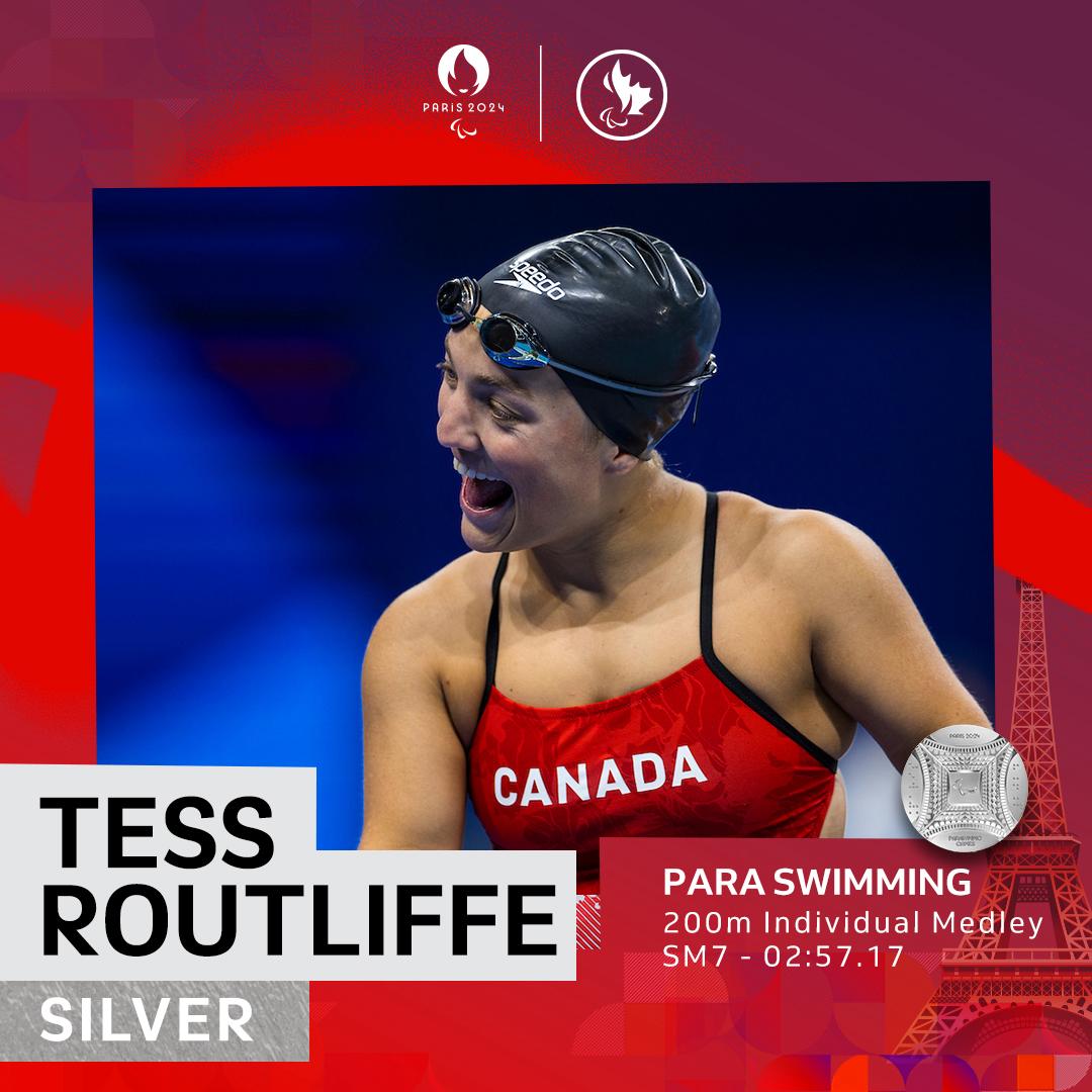 CDNParalympics's tweet photo. Another silver in the pool for Canada! Tess Routliffe brings home silver in the Women’s SM7 200m Individual Medley 🏊‍♀️🥈🇨🇦

#GreatnessMovesUs #Paris2024 #CanadianParalympicTeam #TeamCanada #Paralympics https://t.co/mBK0mUXZzL