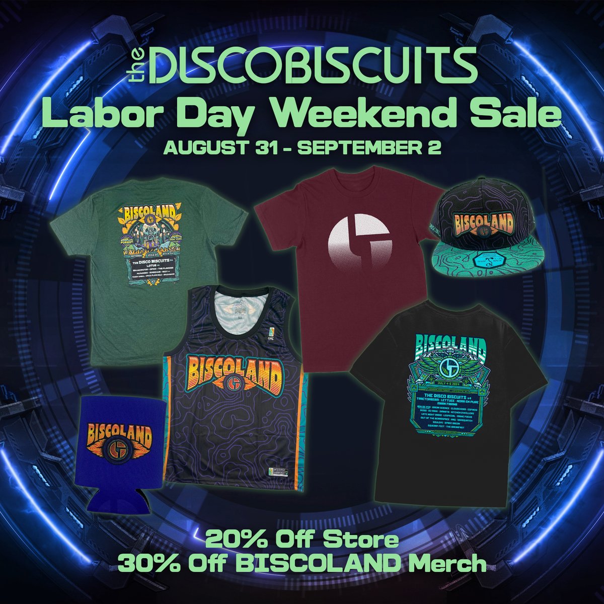 disco_biscuits's tweet photo. LABOR DAY WEEKEND SALE ⚠️ 20% OFF the full store, and 30% OFF #BISCOLAND merch! Only through Monday, September 2nd 👉 https://t.co/AuEk9W3vNA https://t.co/UpNSnj7JAE