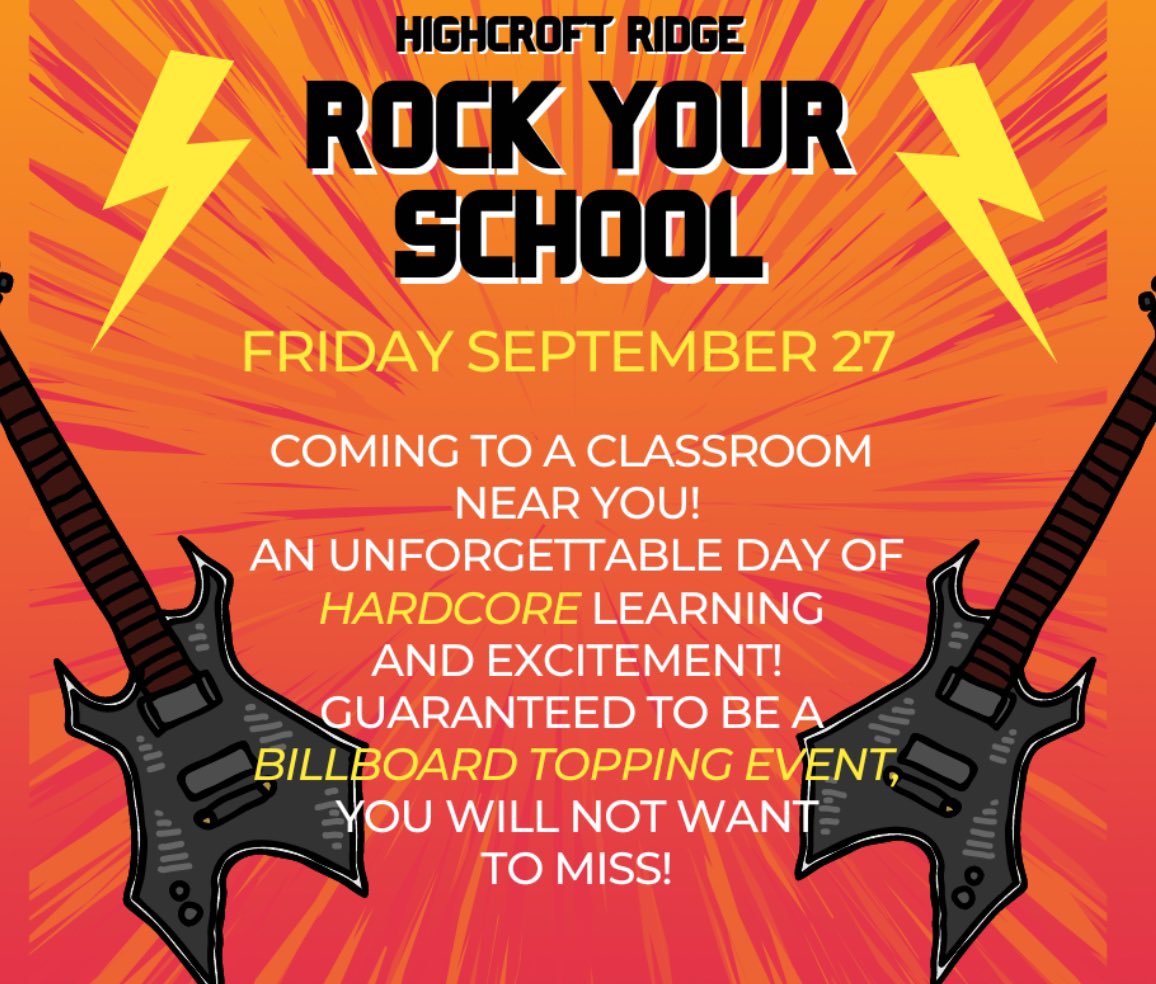 Mark your calendars, get your air guitars ready, and do your mic check because “ROCK YOUR SCHOOL” is coming back to Highcroft Ridge on September 27!! The learning, engagement, and chart topping success will ROCK your socks off!🎸🎶🥁🎹🎤🎵🎧