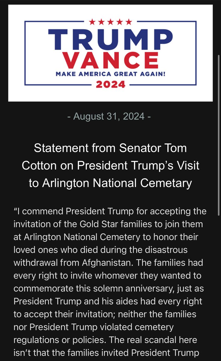 LibbeyDean_'s tweet photo. Trump campaign misspelled cemetery in a statement release from @SenTomCotton on Trump’s Visit to Arlington National Cemetery. https://t.co/ROwgp9VdBa