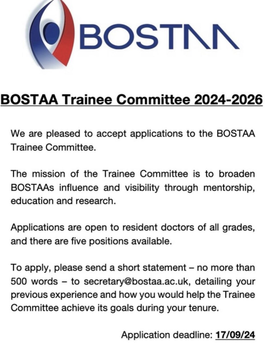 BOSTAA (@bostaa_uk) on Twitter photo Your opportunity to come and join us! Apply now to be part of the BOSTAA Trainee Committee #Opportunity #CareerDevelopment <a href="/bjjeditor/">Prof Fares Haddad</a> <a href="/DeiaryKader/">Professor Deiary Kader (Medical Doctor)</a> <a href="/drneiljain/">drneiljain</a> <a href="/KidsKneeConf/">Kids Knee Conference</a> <a href="/SAnand65/">Sanjeev Anand</a> <a href="/bota_uk/">BOTA</a> Your opportunity to come and join us! Apply now to be part of the BOSTAA Trainee Committee #Opportunity #CareerDevelopment <a href="/bjjeditor/">Prof Fares Haddad</a> <a href="/DeiaryKader/">Professor Deiary Kader (Medical Doctor)</a> <a href="/drneiljain/">drneiljain</a> <a href="/KidsKneeConf/">Kids Knee Conference</a> <a href="/SAnand65/">Sanjeev Anand</a> <a href="/bota_uk/">BOTA</a>