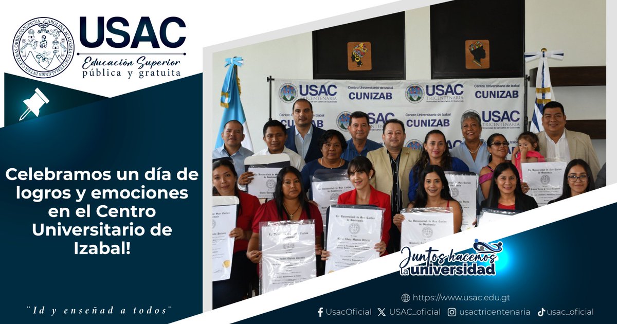 USAC_oficial's tweet photo. 🎓 ¡Celebramos un día de logros y emociones en el Centro Universitario de Izabal! 🎉

Con gran orgullo informamos que se llevó a cabo la jornada de entrega de títulos de las distintas carreras en el Centro Universitario de Izabal y  las sedes de la Facultad de Humanidades. Un acto académico lleno de significado y gratitud, donde se reconoció el esfuerzo y dedicación de los graduados.

En este importante evento estuvieron presentes figuras destacadas que han sido clave en el crecimiento y éxito de la institución: el Rector, M.A. Walter Mazariegos, el Director de CUNIZAB, Ing. Carlos Rosales, autoridades de la administración central y coordinadores de las sedes de Humanidades.

Felicitamos a todos los nuevos titulados por este gran logro, fruto de su compromiso y trabajo arduo. ¡Que este título sea el inicio de un futuro brillante y lleno de éxitos! ✨👏

Agradecemos a todos los que hicieron posible este memorable acto y seguimos celebrando juntos cada hito alcanzado en nuestro camino académico. ¡Felicidades a toda la comunidad universitaria! 🌟🎓

#JornadadeEntrega #Títulos #LogrosAcadémicos #CUNIZAB #FacultaddeHumanidades