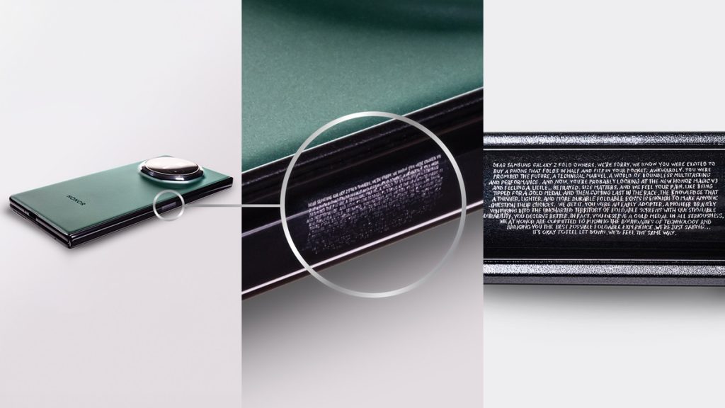 kFakhouri's tweet image. Looks like HONOR just dropped the world’s tiniest mic! 🎤📱 The Magic V3 foldable comes with a microscopic 166-word apology to Samsung Galaxy Z Fold users, engraved on its hinge. Talk about taking "small" jabs! 😂 #TechShade #MagicV3 #FoldableFun #SamsungVsHonor
