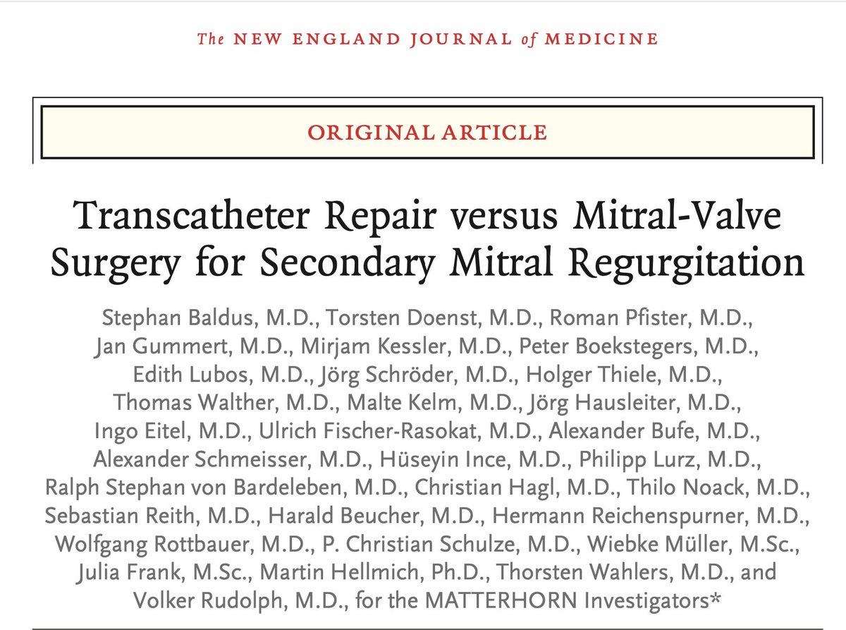 Transcatheter Repair versus Mitral-Valve Surgery for Secondary Mitral Regurgitation: <a href="/NEJM/">NEJM</a> 

🥸 MATTERHORN Trial: meaning of Matterhorn: a mountain of the Alps, straddling the main watershed and border between Italy and Switzerland...

😱 Creative names: Summary

👇👇👇