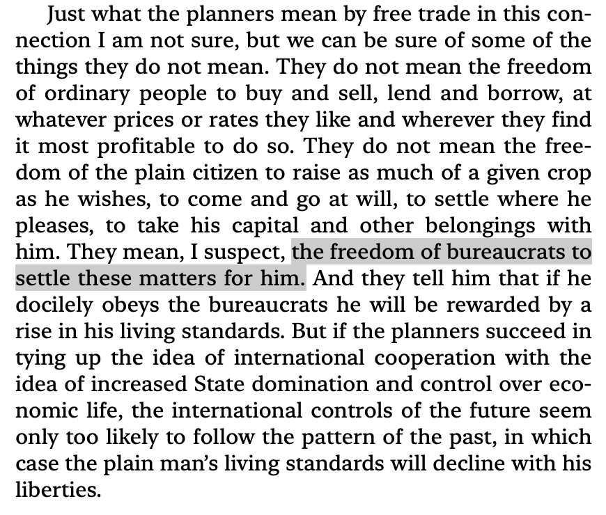 jeffreytucker's tweet photo. In 1945, governments of victorious nations set up international bureaucracies to regulate exchange rates, international lending, international trade, and a new monetary system which they called a gold standard but was really a new and unsustainable system entirely. They called it free trade. 

Henry Hazlitt, barely hanging onto his job as an editorial writer for the NYT, from which he was later pushed out, had the following to say about this new system as it pertained to trade in particular.