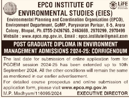 EPCO conducts a Post Graduate Diploma on Environment Management (PGDEM). In the last 12 batches over 600 people have successfully completed the course. Last date of submitting applications is 10th Sep 2024. Few seats available. For details please visit epco.in