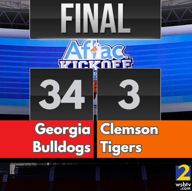 wsbtv's tweet photo. GO DAWGS! Bulldogs dominate Clemson Tigers at Mercedes-Benz Stadium to kick off their football season! 🐶🐾>>> https://t.co/S9gEGOiJgx https://t.co/vtdFkiN6OW