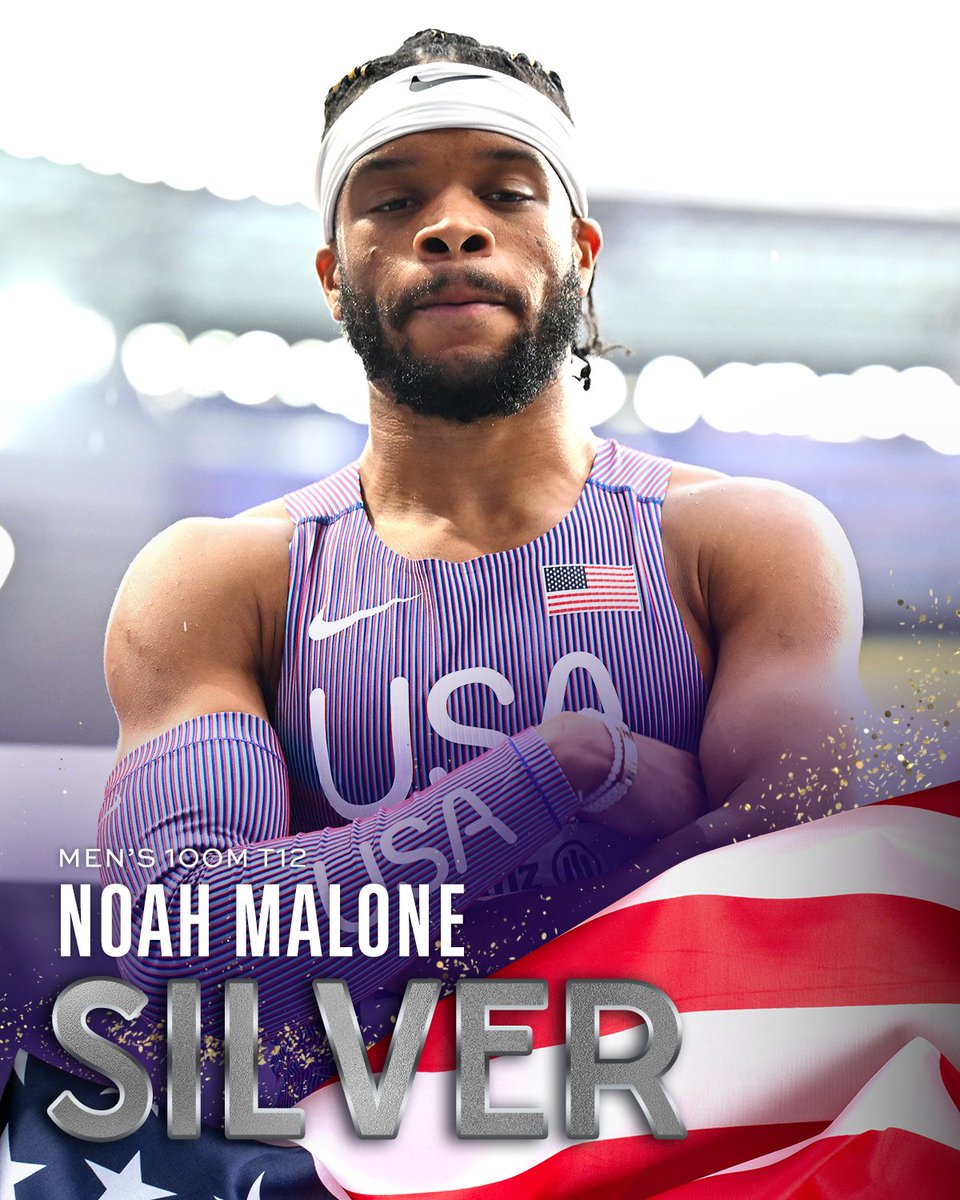 NBCOlympics's tweet image. Noah Malone is bringing home silver in the men’s 100m T12. 🥈 #ParisParalympics