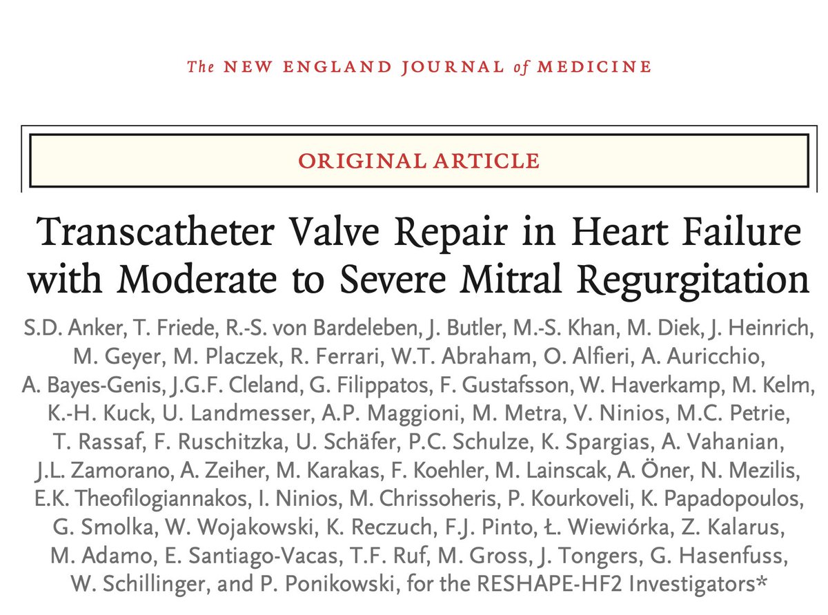 Transcatheter Valve Repair in Heart Failure with Moderate to Severe Mitral Regurgitation: <a href="/NEJM/">NEJM</a> 

🥸RESHAPE-HF2: Randomized Investigation of the MitraClip Device in Heart Failure: Second Trial in Patients with Clinically Significant Functional Mitral Regurgitation

😱 Summary 👇