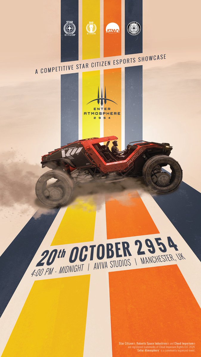 Are you joining us at #EnterATMOSPHERE?

This post-CitizenCon 2954 event is bringing:
✅ Racing Exhibition
✅ Special CIG Panel
✅ Fight or Flight World Championship
✅ Attendance by <a href="/croberts68/">Chris Roberts</a> &amp; <a href="/SandiRoberts42/">Sandi Roberts</a>!

Limited Tickets still Available!
🎟️: atmo.sc/EnterATMOSPHERE