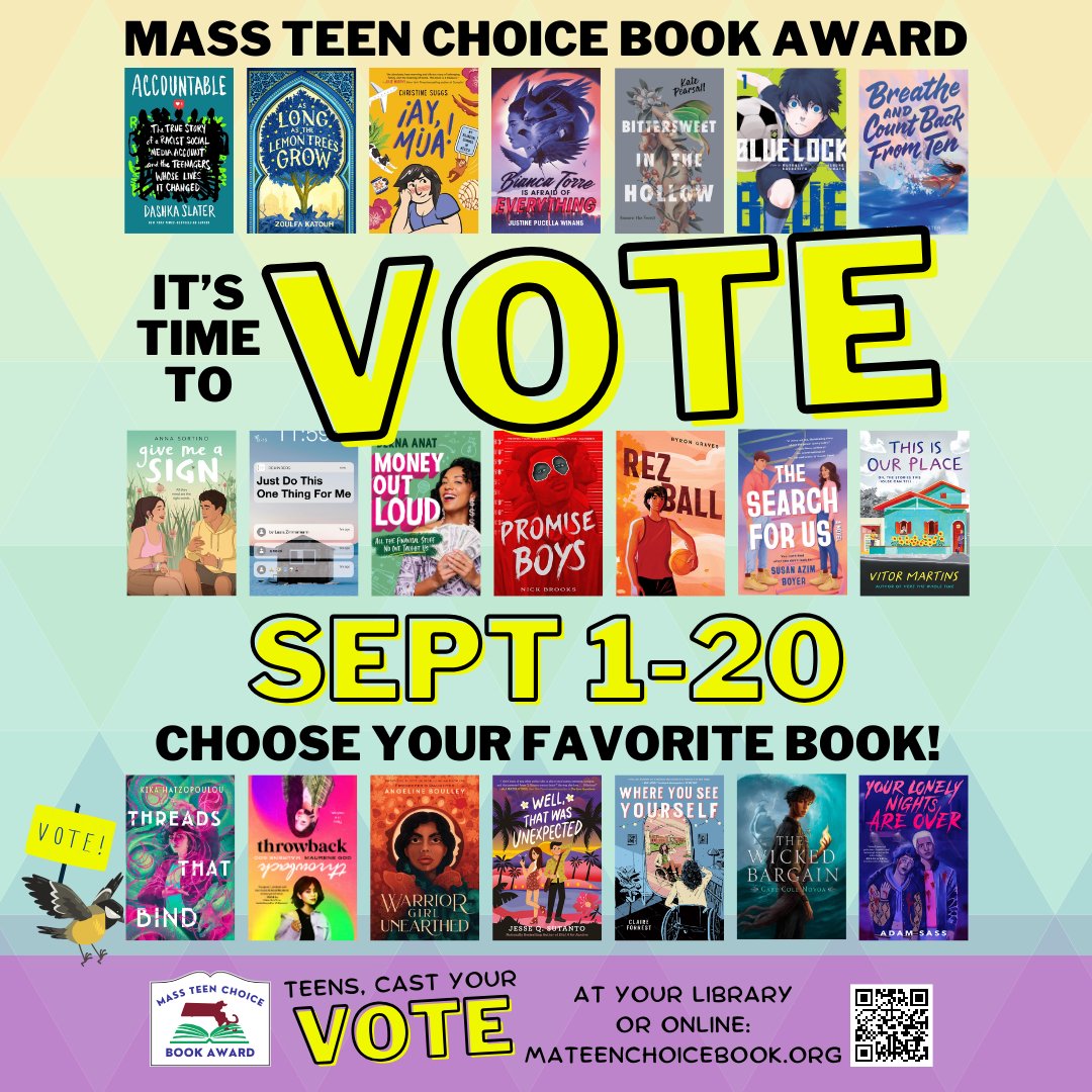 Have you cast your vote yet? Voting is open for the Mass Teen Choice Book Awards until September 20th!

Residents of MA in grades 7-12 can cast their vote either online: mateenchoicebook.org/voting or at participating school &amp; public libraries.

Will your favorite book win? #mtcba