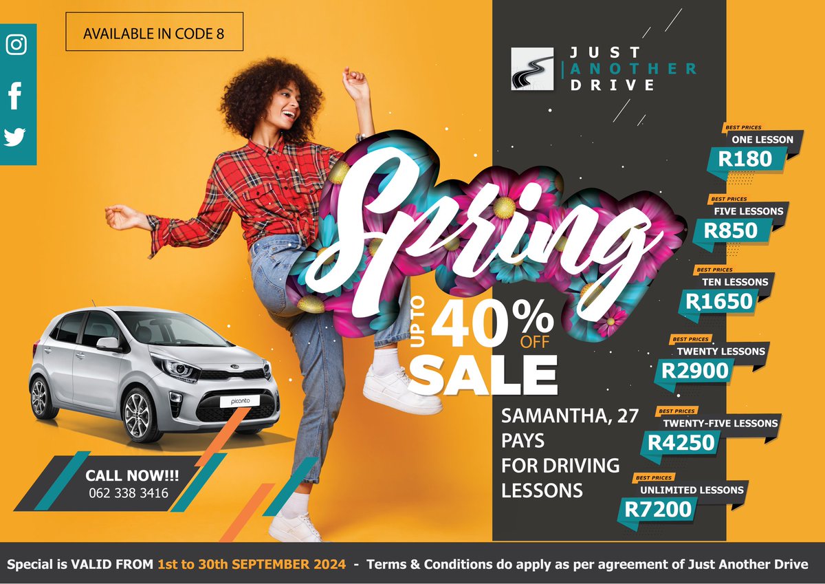 another_drive's tweet photo. SPRING IS HERE, and we are starting it with a bang!!! Valid for 30 days only... We are giving away premium quality driving lessons at a total giveaway discount!!! Sign up from our awesome deals! And begin your journey to success now! #Just_Another_Drive #Bloemfontein https://t.co/yQsIX4sPjY