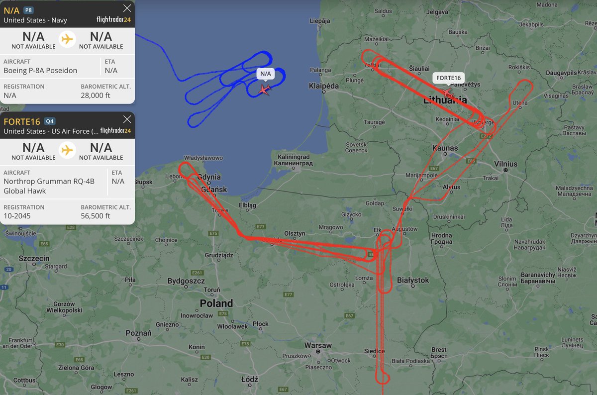 alternativewip's tweet photo. #USNavy P-8A poseidon seen circling over the baltic sea, not far from the coastline of kaliningrad, departure from lossiemouth. #AE683B

#USAF RQ-4B global hawk also seen in the area to the north and south of kaliningrad, departure from sigonella naval base. #FORTE16 #AE5420 https://t.co/9NlvVKANek