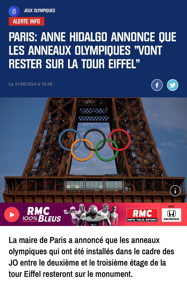Le ridicule d’<a href="/Anne_Hidalgo/">Anne Hidalgo</a> ! 

Encore un exemple que cette élue n’a pas la lumière à tous les étages !
Laisser les anneaux olympiques sur la #TourEiffel n’est pas un héritage post jeux mais tout simplement du hors sujet  c’est juste un caprice d’une maire nombriliste !

Qui plus