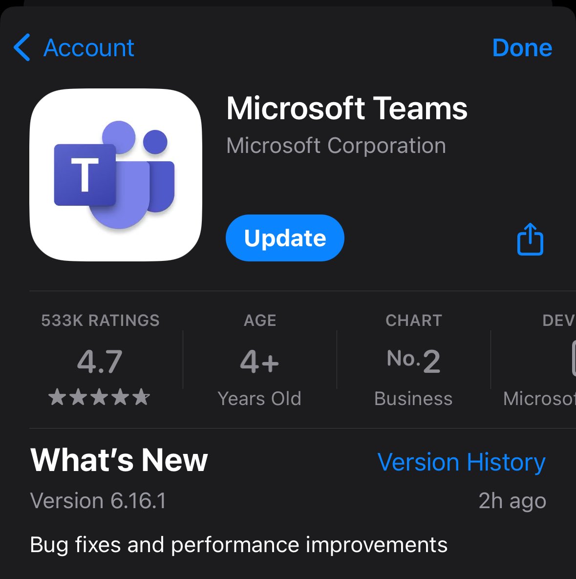 Here we go, another „bug fixes and performance improvements“ update for #MicrosoftTeams on #iOS.
#HappyUpdating