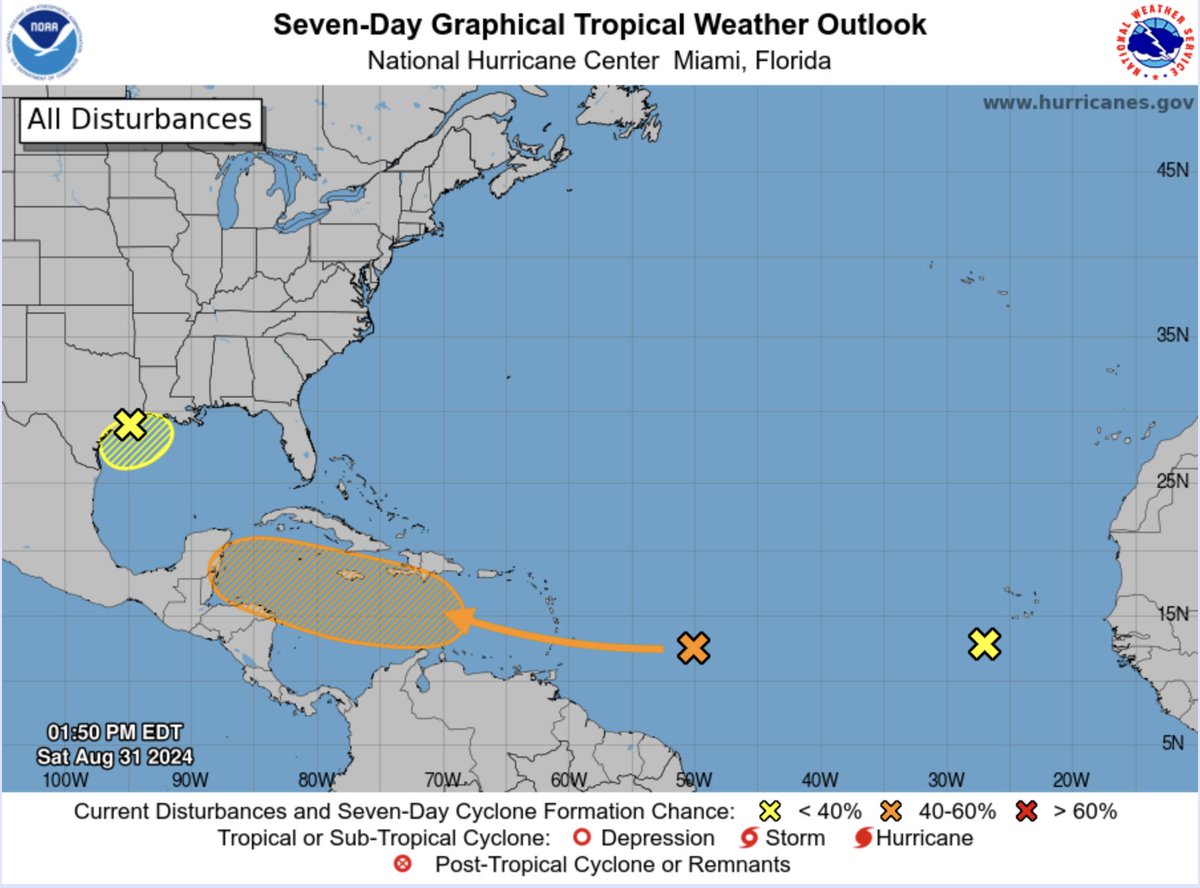 JohnMoralesTV's tweet photo. I've already written about this, but here is another example of how a 7-day Tropical Weather Outlook (TWO) is just slightly above throwing spaghetti against a wall to see what sticks. The TWO on the left is from 5 days ago, followed by the one today. Can we say we have the skill? https://t.co/sNNAYlR2gw
