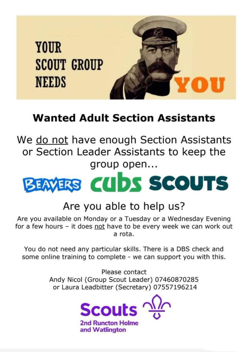 lharvey321's tweet photo. Wanted!
Adults who want to have fun, meet new friends, laugh until their cheeks ache, try new experiences and help children in their local community learn new skills for life.
We have lots of children on our waiting list….why not come and join us, so they can too! 😊⚜️ #scoutsuk https://t.co/izjVT6PRje