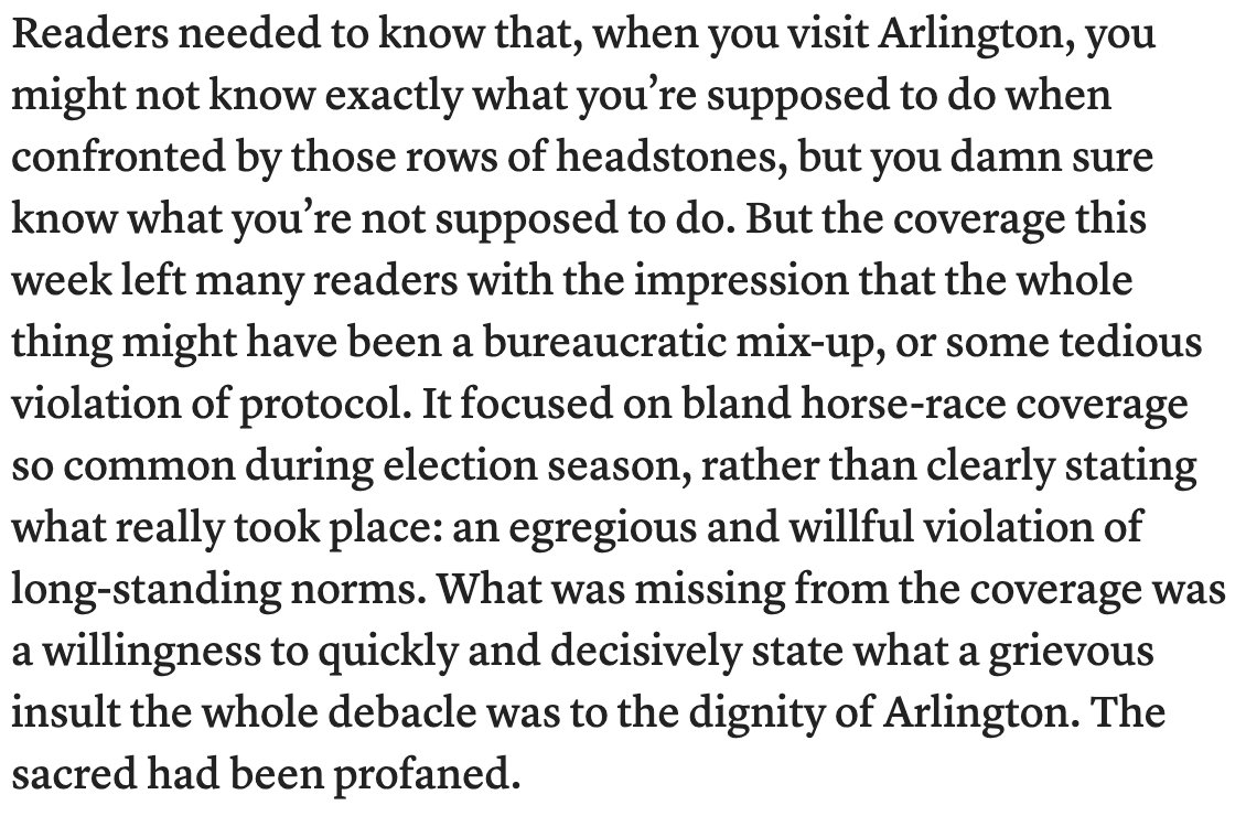 Jay Rosen (@jayrosen_nyu) on Twitter photo "Trump’s disastrous visit to Arlington was too much for the press to handle."
By <a href="/bkesling/">Ben Kesling</a> for <a href="/CJR/">Columbia Journalism Review</a>. The paragraph below is a blast of fresh air. (Via @sulliview)
cjr.org/analysis/trump… "Trump’s disastrous visit to Arlington was too much for the press to handle."
By <a href="/bkesling/">Ben Kesling</a> for <a href="/CJR/">Columbia Journalism Review</a>. The paragraph below is a blast of fresh air. (Via @sulliview)
cjr.org/analysis/trump…