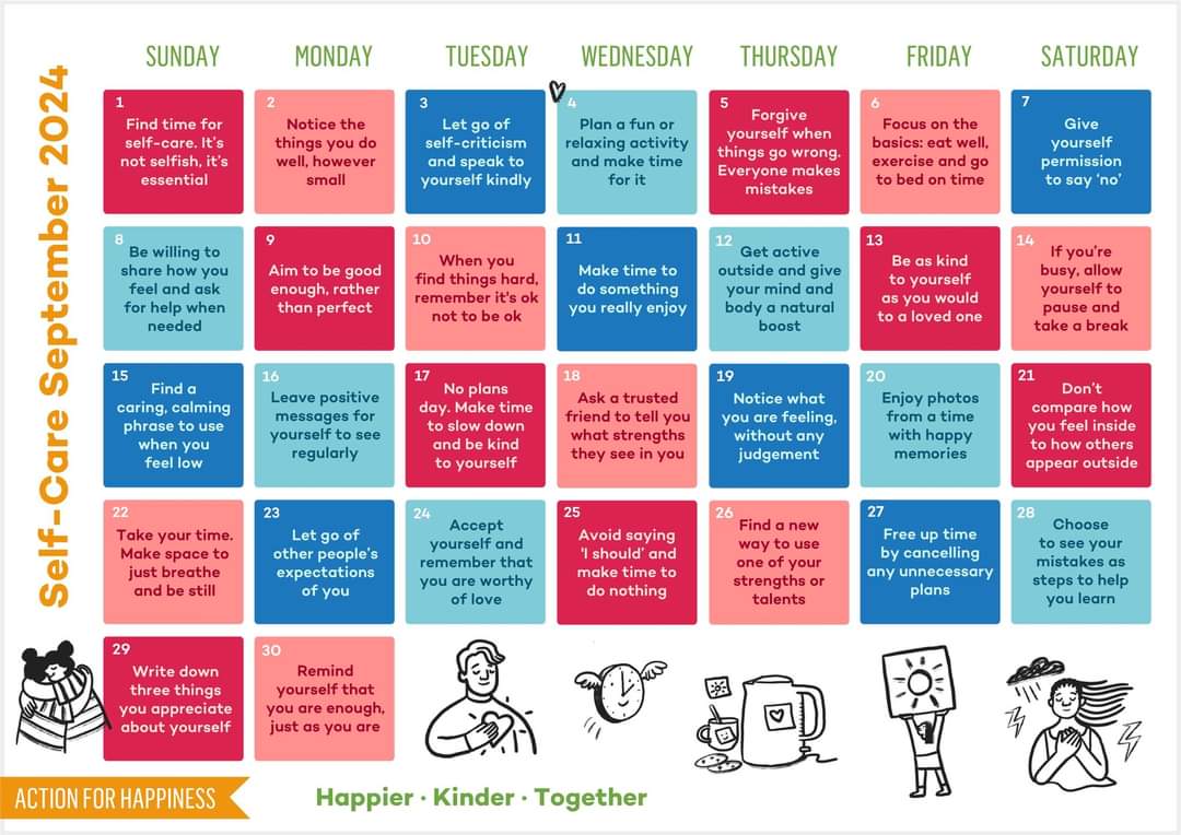 Self care September! Parents, colleagues &amp;students; take the time to do things that help you live well &amp; improve both your physical health &amp; mental health. Which can help you manage stress,lower your risk of illness&amp; increase your energy. Self care is isn't selfish,its essential.