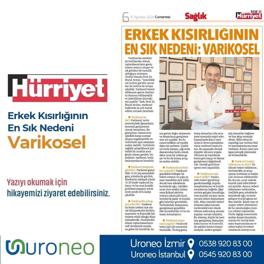Erkek Kısırlığının 
En Sık Nedeni: Varikosel
Mutlu hafta sonları dilerim.
#profdrmuratarslan #urology #üroloji #hürriyetgazete #sağlık #varikosel #tedavi #infertilite #kısırlık