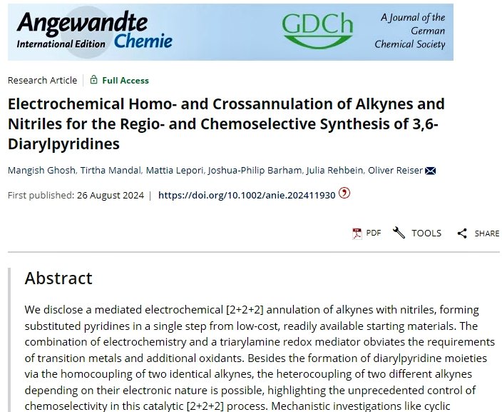 Mangish Ghosh 🇮🇳🇮🇳 (@i_am_mangish) on Twitter photo 📣📣Thrilled to share our recently accepted article 📄 in <a href="/angew_chem/">Angewandte Chemie</a> where we have tried to synthesize 3,6-Diarylpyridines electrochemically 🔋🧪.
A huge thanks and congratulations 👏🎉 to <a href="/TIRTHAMANDAL11/">TIRTHA MANDAL</a>, <a href="/m_lepori/">Mattia Lepori</a> and our supervisors <a href="/reiser_group/">Reiser-group</a> <a href="/BarhamLab/">Barham Lab</a> <a href="/RehbeinResearch/">Rehbein Research</a> 📣📣Thrilled to share our recently accepted article 📄 in <a href="/angew_chem/">Angewandte Chemie</a> where we have tried to synthesize 3,6-Diarylpyridines electrochemically 🔋🧪.
A huge thanks and congratulations 👏🎉 to <a href="/TIRTHAMANDAL11/">TIRTHA MANDAL</a>, <a href="/m_lepori/">Mattia Lepori</a> and our supervisors <a href="/reiser_group/">Reiser-group</a> <a href="/BarhamLab/">Barham Lab</a> <a href="/RehbeinResearch/">Rehbein Research</a>