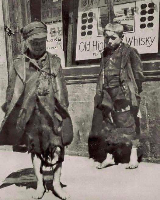 Two lads, London 1902 at the height of Empire, when wealth abounded. Understand, they've never looked after "their own" &amp; they're never going to, they look after themselves. There were no good old days, it's bollix. Blame the right people, not those with even less than you. X