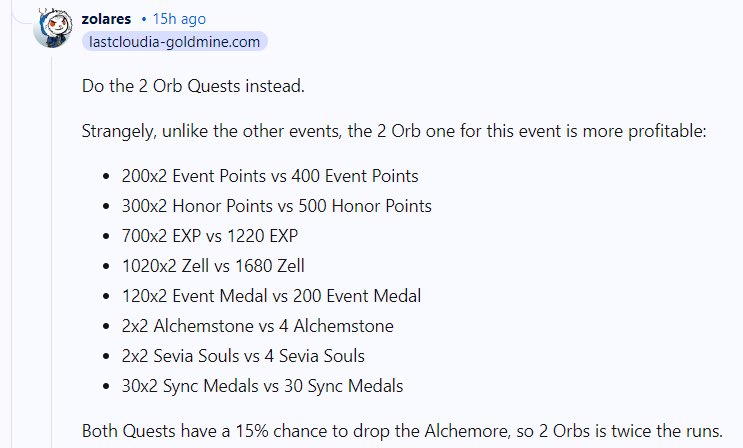 tweacz's tweet photo. @lastcloudiaen @lastcloudia @Knacky_LC Please reevaluate how events are designed. Raising the orb costs of stages was supposedly implemented to help people grind quicker for the same (or better) rewards. This is awful, especially the Alchemore drop rates. Many are far behind. https://t.co/oe22ZLkdG6