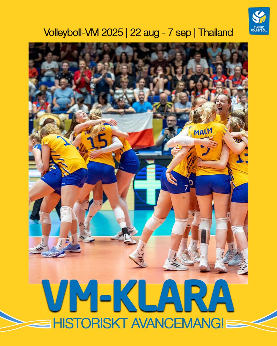 SVERIGE KLART FÖR VOLLEYBOLL-VM!🇸🇪

Historia! För första gången har damlandslaget kvalificerat sig för VM, vilket bekräftats av FIVB. Mästerskapet avgörs 22 aug - 7 sep 2025 i Thailand.🏐💥

Fira med oss!
volleyboll.se/volleyboll/nyh…

#SvenskVolleyboll