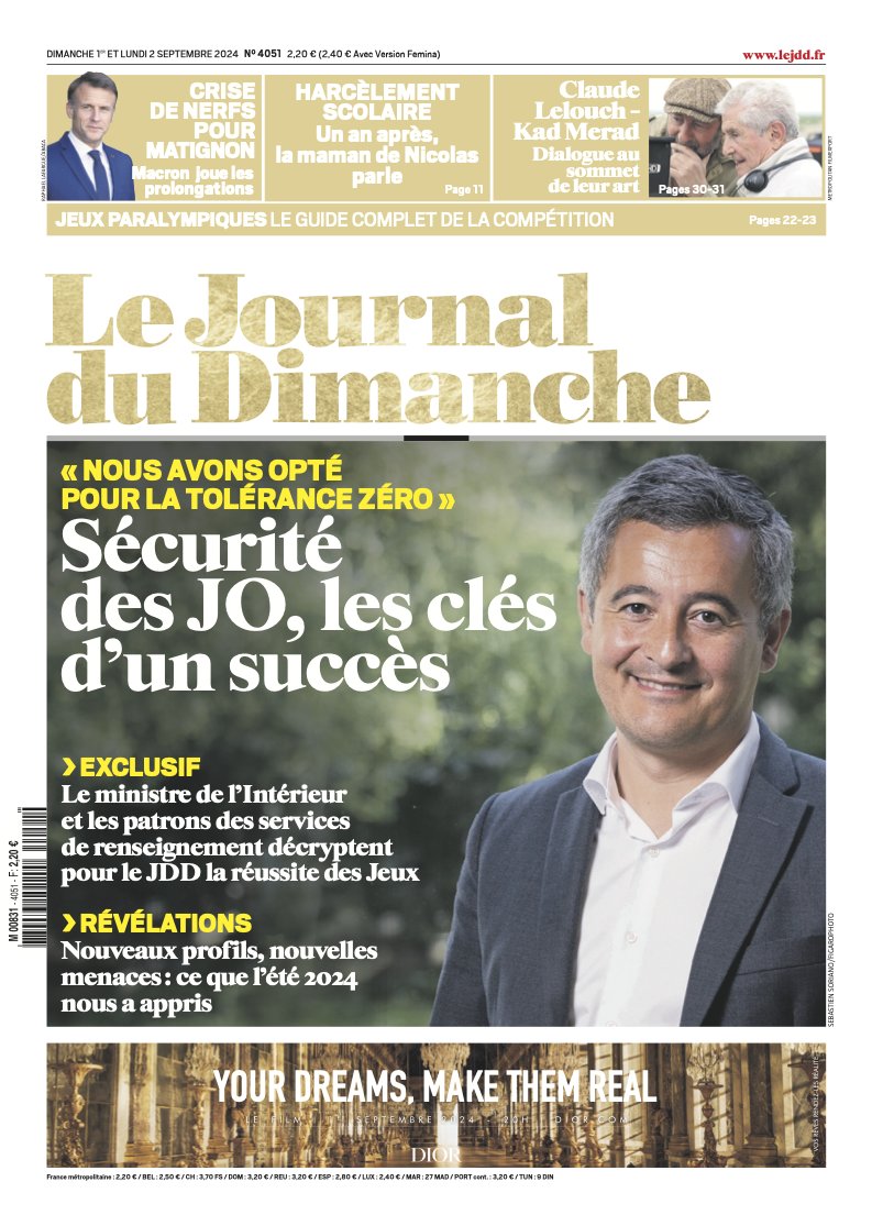 leJDD's tweet photo. 🗞️ À la Une du Journal du Dimanche du 1er septembre !
➡️ Sécurité des JO, les clés d’un succès
➡️ Matignon : Macron joue les prolongations
➡️ Harcèlement scolaire : un an après, la maman de Nicolas parle
➡️ Claude Lelouch-Kad Merad : dialogue au sommet de leur art https://t.co/OvxSfrcqrR