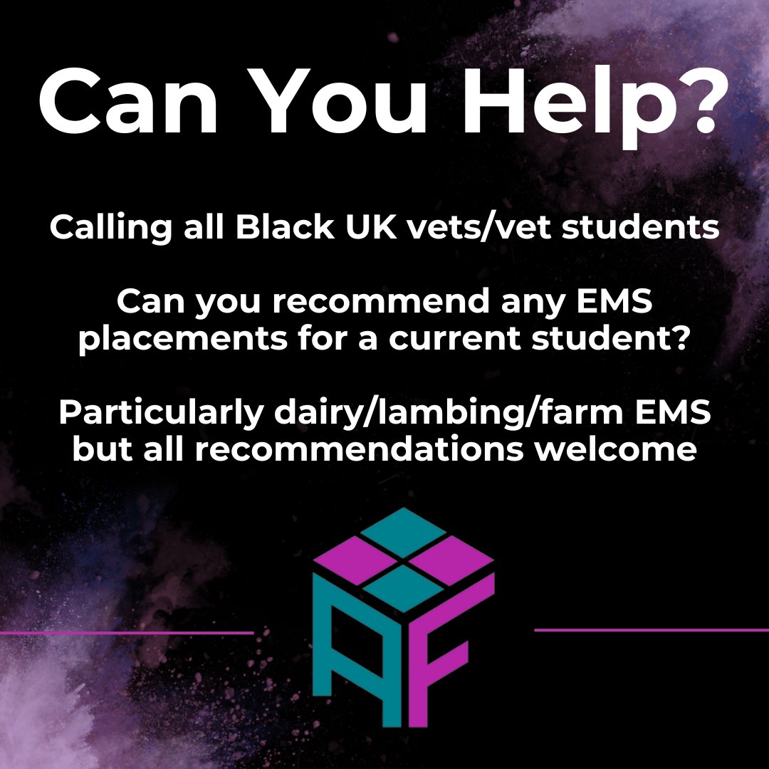 Affinity Futures (@affinityfutures) on Twitter photo Can You Help?
ㅤ
We're looking for recommendations for farm-focused EMS placements, both animal husbandry and clinical, that will be welcoming and safe for a Black veterinary student.
Feel free to comment or contact us directly at info@affinityfutures.com Can You Help?
ㅤ
We're looking for recommendations for farm-focused EMS placements, both animal husbandry and clinical, that will be welcoming and safe for a Black veterinary student.
Feel free to comment or contact us directly at info@affinityfutures.com