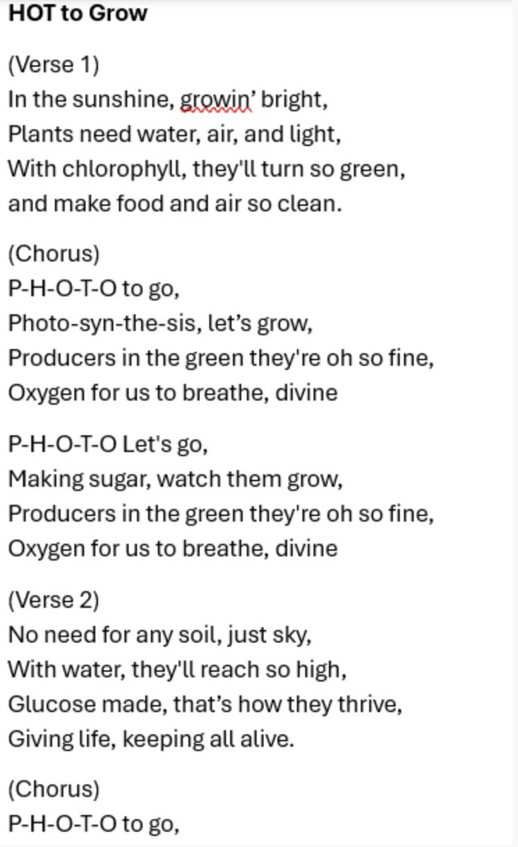 Mrs. Houchens (@houchensmrs) on Twitter photo I’m dead 💀🤣. I was playing around on <a href="/magicschoolai/">MagicSchool AI 💜 🪄✨</a> and made a song about photosynthesis to the tune of “Hot to Go” by Chapel Roane. It’s called “Hot to Grow” 🌱☀️🤣. Can’t wait to bust this one out! I’m dead 💀🤣. I was playing around on <a href="/magicschoolai/">MagicSchool AI 💜 🪄✨</a> and made a song about photosynthesis to the tune of “Hot to Go” by Chapel Roane. It’s called “Hot to Grow” 🌱☀️🤣. Can’t wait to bust this one out!