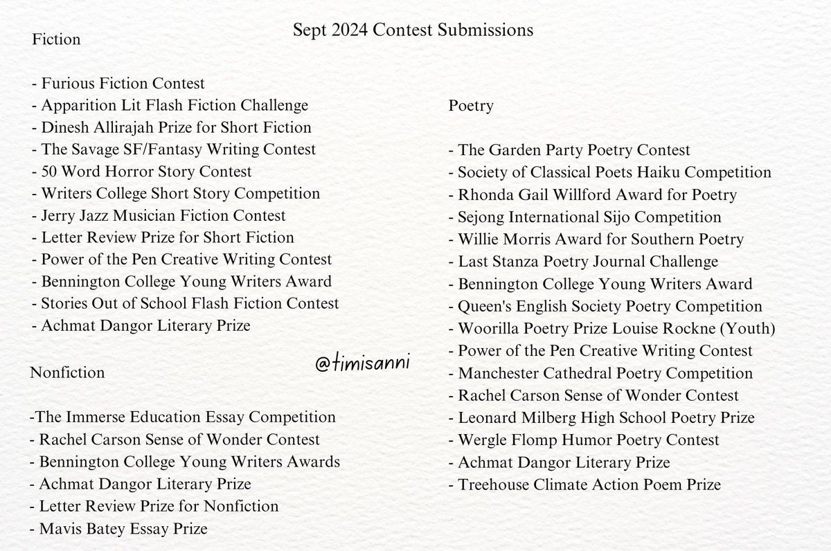 Hi! Here is a list of 30+ literary contests that are either currently open for submissions or opening in September! Almost all are open internationally. All are fee-free. Prizes range from $100 to $1000 and even a creative Writing MA Scholarship. Good luck!

#contestsubmissions