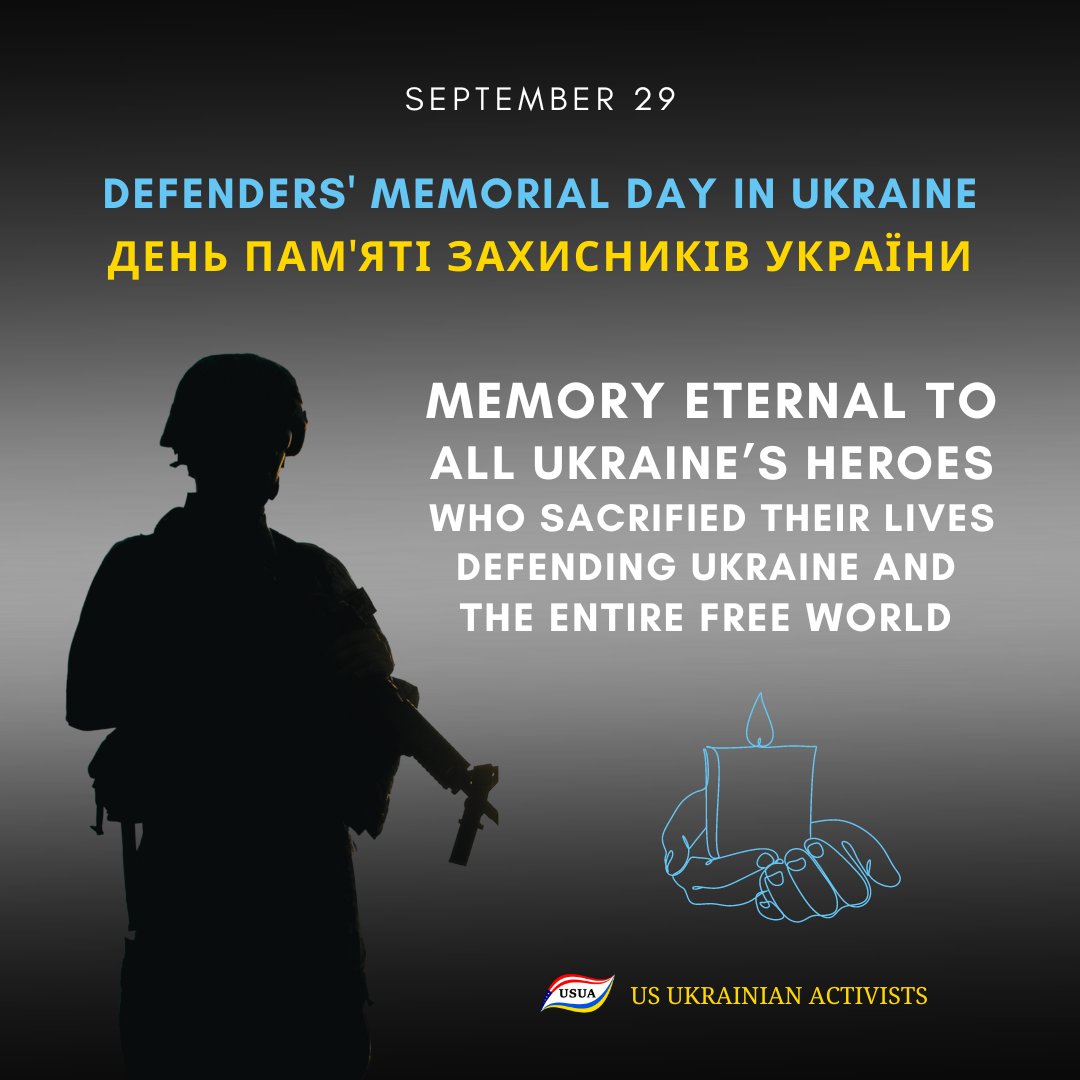USUA_Activists's tweet photo. On Defenders' Memorial Day, we honor the eternal memory of all Ukraine’s Heroes who sacrificed their lives defending Ukraine and the free world. Their courage ensures Ukraine stands proudly as a sovereign nation, continuing its fight for freedom. Memory Eternal.
#MemoryEternal https://t.co/qyeG3LHLw9