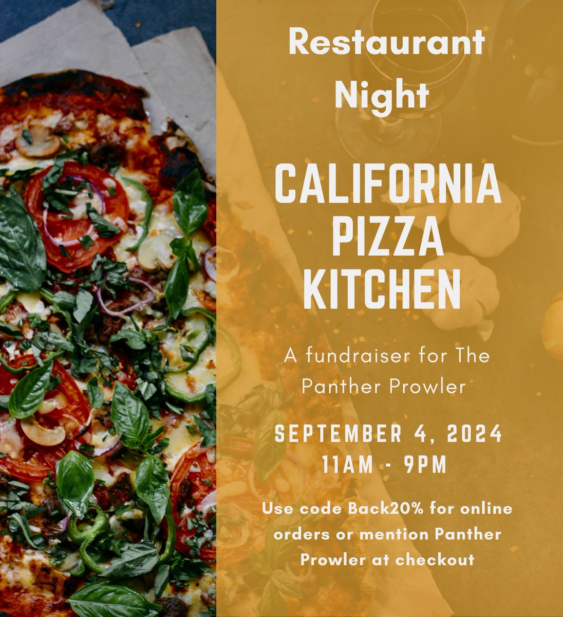 Come out to California Pizza Kitchen at The Lakes in Thousand Oaks this Wednesday, 9/4/24 11am-9pm to support the Newbury Park High School Newspaper, The Panther Prowler. 20% of in-person and online proceeds will be donated back to the student-run newspaper.