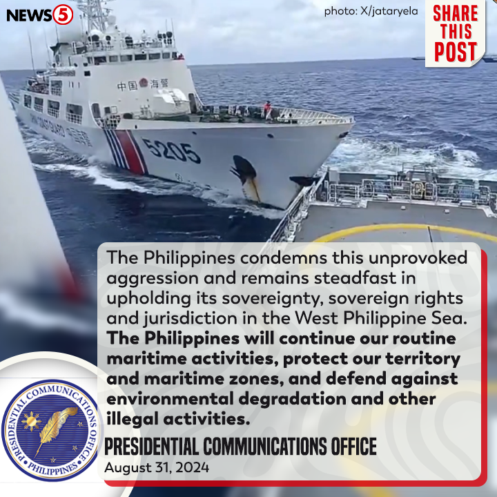 News5PH's tweet photo. Kinondena ng Palasyo ang pangha-harass na ginawa ng China Coast Guard (CCG) sa barko ng Philippine Coast Guard #PCG sa Escoda Shoal nitong Sabado, Aug. 31. #News5

WATCH: https://t.co/v5bsnyUDc1 https://t.co/d1J5mAdeIV