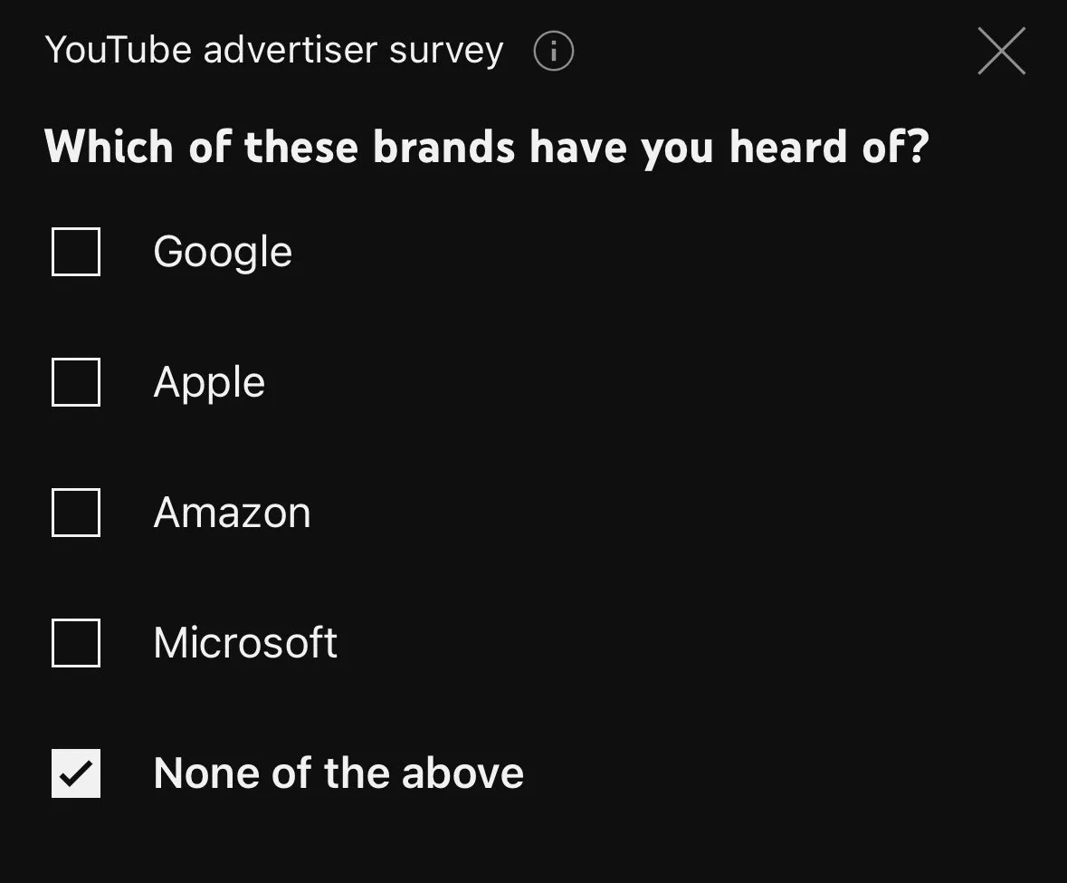 YouTube advertiser survey 
Which of these brands have you heard of?

❌Google
❌Apple
❌Amazon
❌Microsoft
✔️None of the above