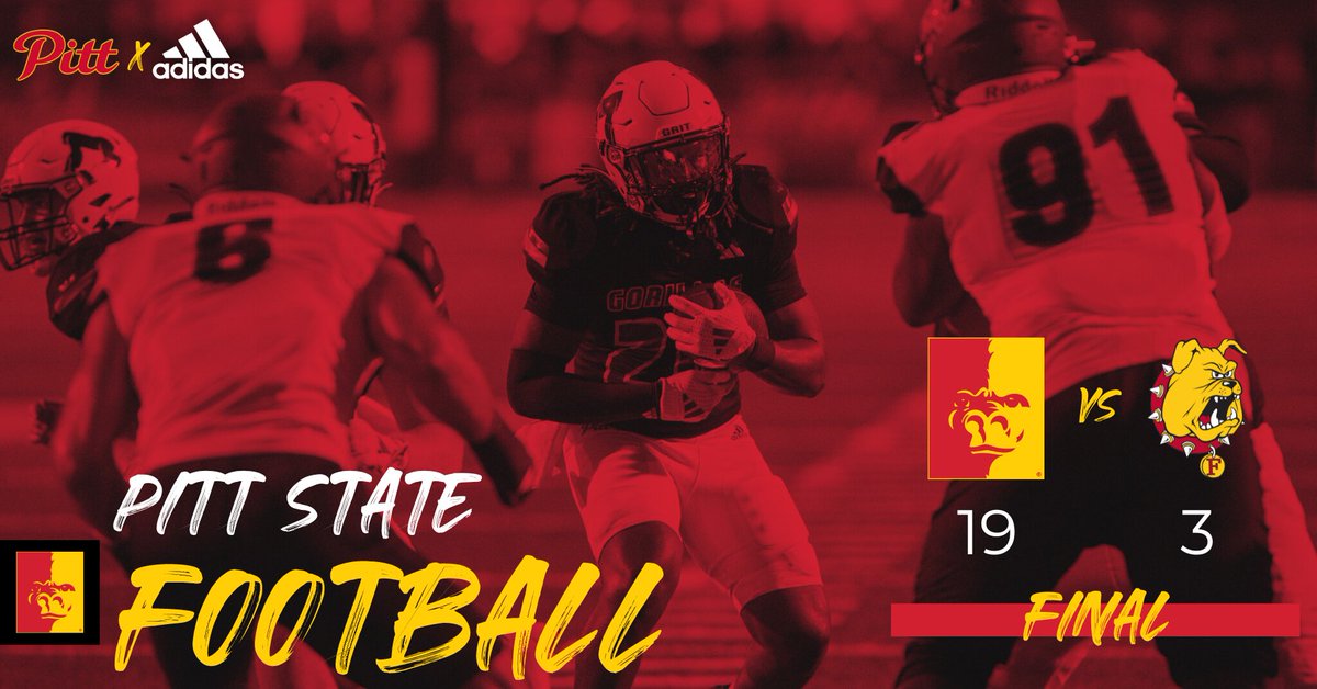 PittStGorillas's tweet image. GORILLAS WIN‼️

#6 Pitt State shuts down #3 Ferris State 19-3 to open the season 🦍🏈